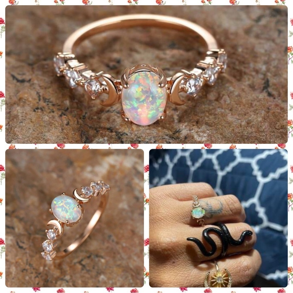 2/$30🌵 Faux Fire Opal Crescent Moon Rhinestones Rose Gold Ring Jewelry Boho 8